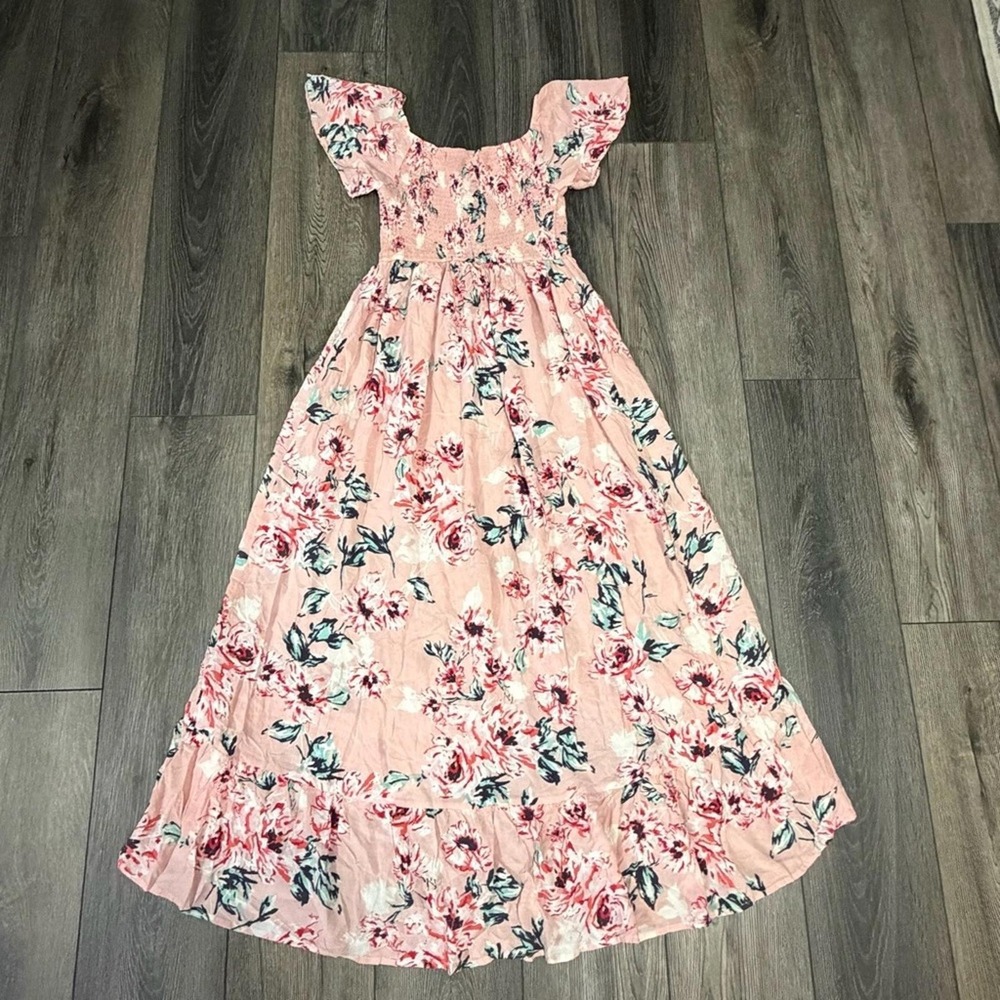 Band of Gypsies Floral Smocked High Low Maxi Dress Pink S Autumn Wedding Guest
